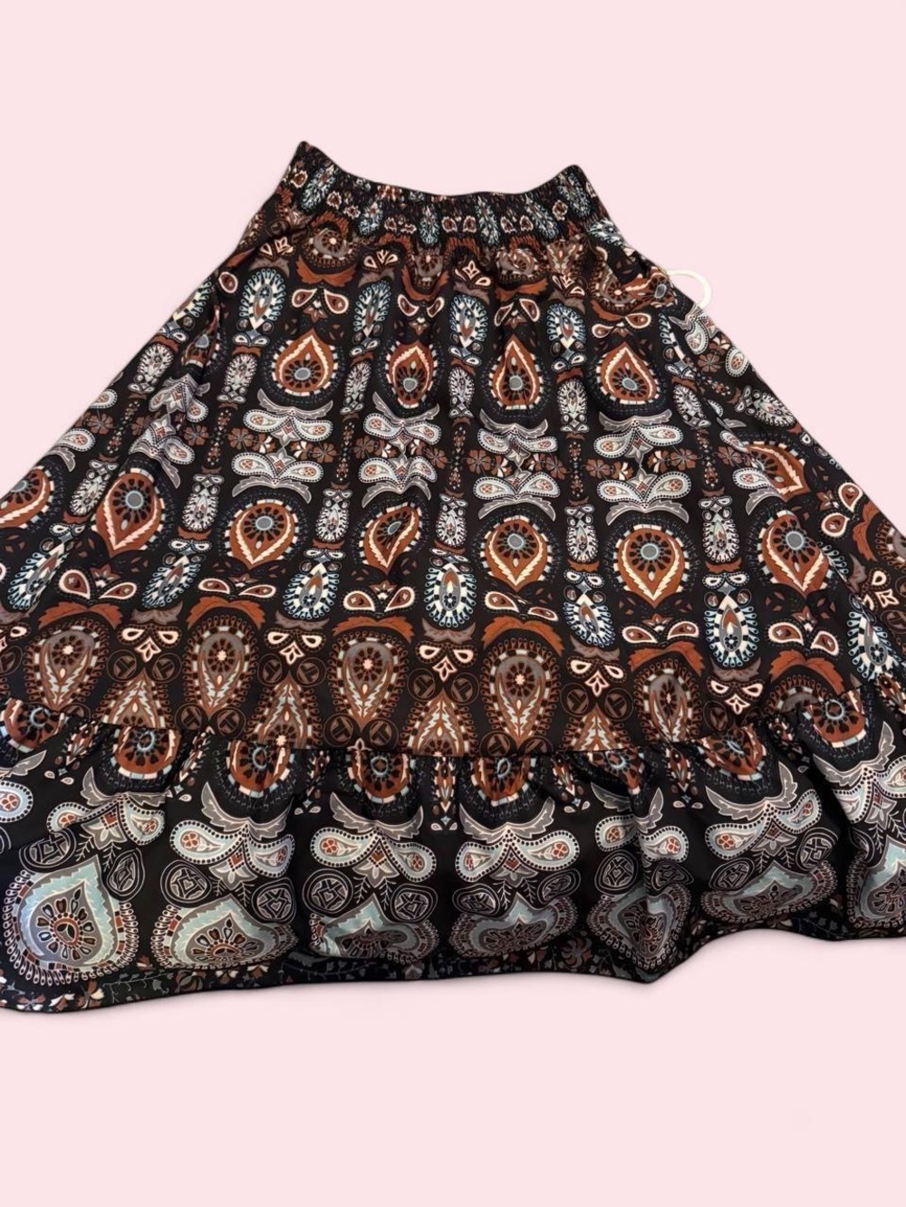 Boho Patterned Elastic Waist Midi Skirt - Black & Brown - Picture 3 of 6